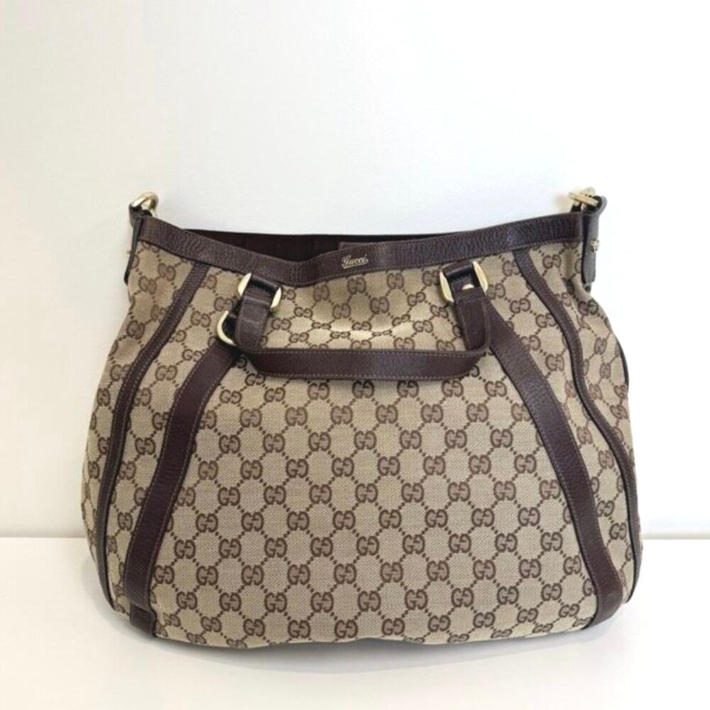 GUCCI Abbey GG Web Canvas Leather Brown Convertible Hobo Bag Tote Logo Handbag